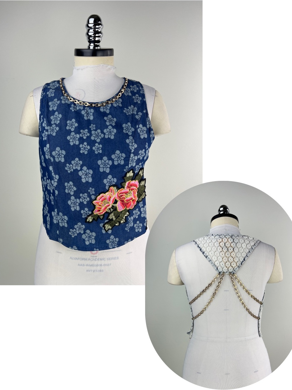 💚 3909. Sleeveless Blue Floral Embroidered Applique Crop Top